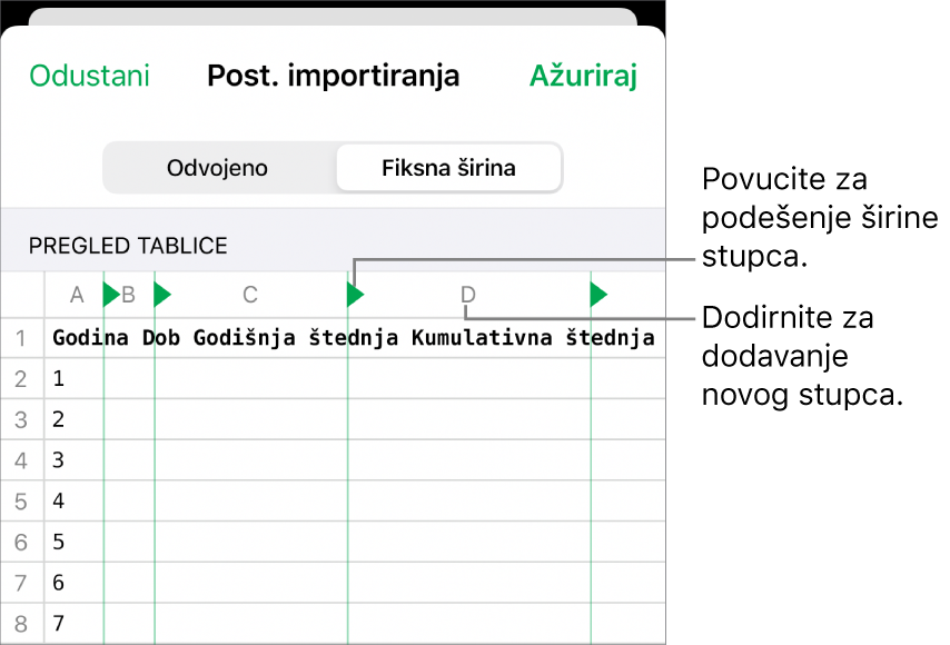 Postavke importiranja za tekstualnu datoteku fiksne širine.