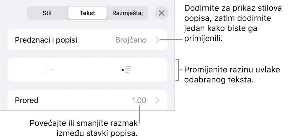 Odjeljak Predznaci i popisi kontrola formatiranja s oblačićima na Predznake i popise, tipke za izvlake i uvlake i kontrole razmaka između redaka.