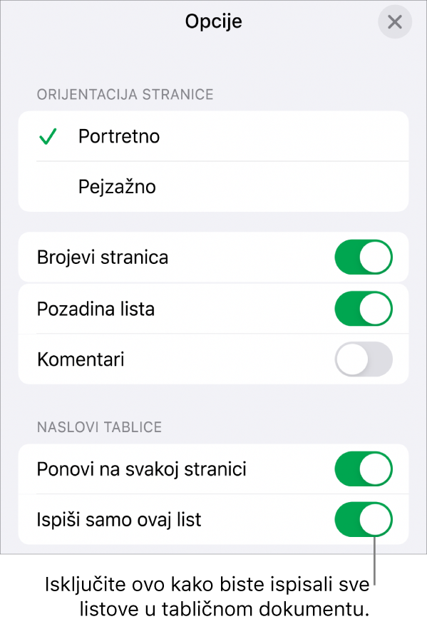 Opcije ispisa za odabir usmjerenja stranice, prikaz brojeva stranica i zaglavlja, odabir veličine papira i odabir stranica za ispis.