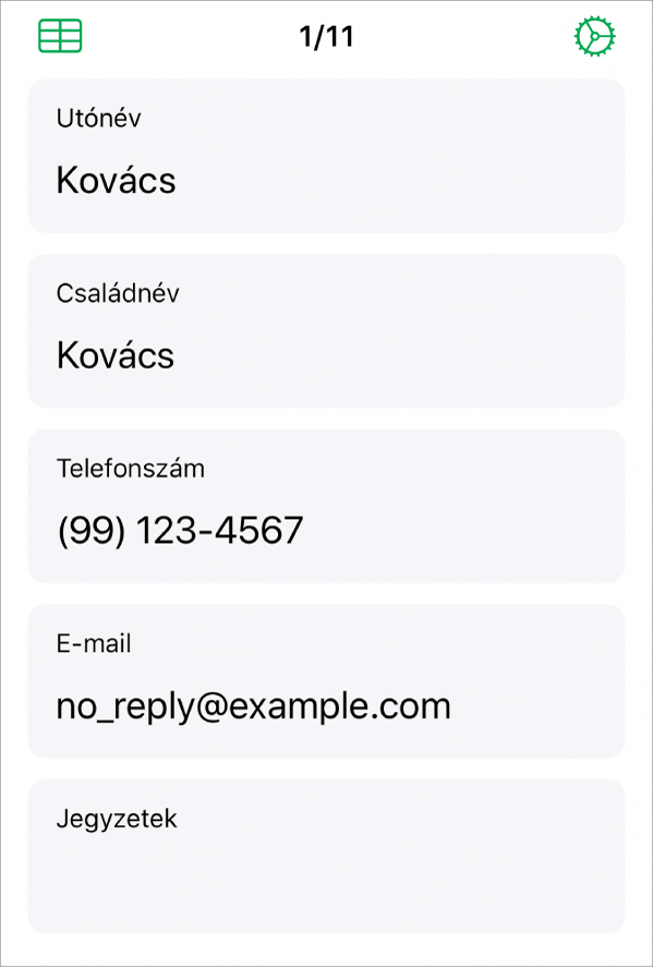 Egy űrlap bejegyzése, név, telefonszám, e-mail, stb. mezőkkel. Továbbá, a linkelt táblázat megtekintésére, az űrlapbeállítás módra és a bejegyzések közötti váltogatásra szolgáló vezérlők is láthatók.