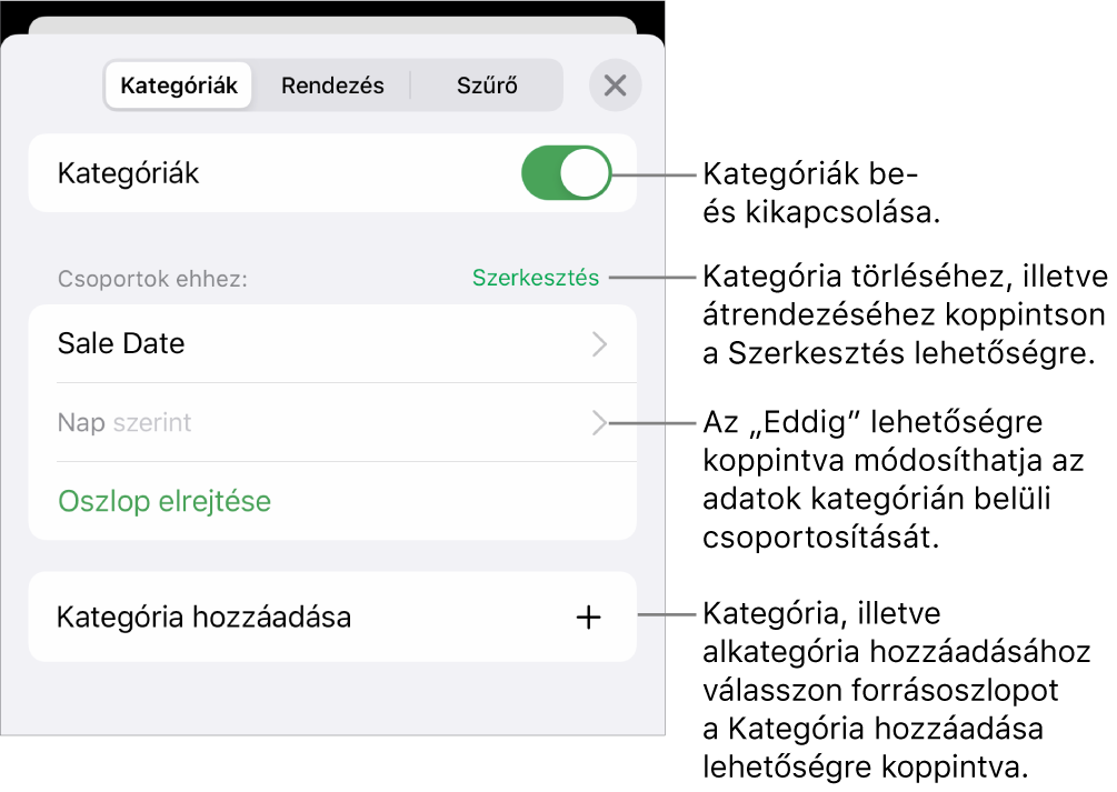 A Kategóriák menü iPhone esetén, beállításokkal a kategóriák kikapcsolásához, a kategóriák törléséhez, az adatok átcsoportosításához, forrásoszlop elrejtéséhez és kategóriák hozzáadásához.