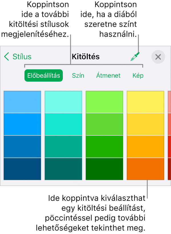 Kitöltési beállítások a Formátum gombbal elérhető Stílus lapon.