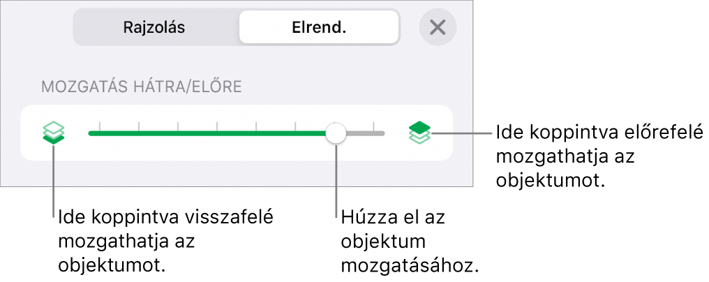 Visszafelé mozgatás gomb, Mozgatás előre gomb és a rétegezés csúszka.