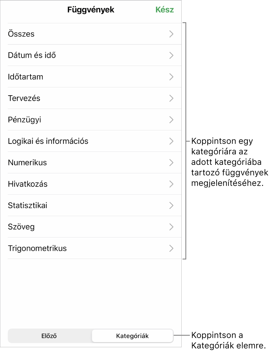 A Függvényböngésző a Kategóriák gombra és a kategóriák listájára mutató felirattal.