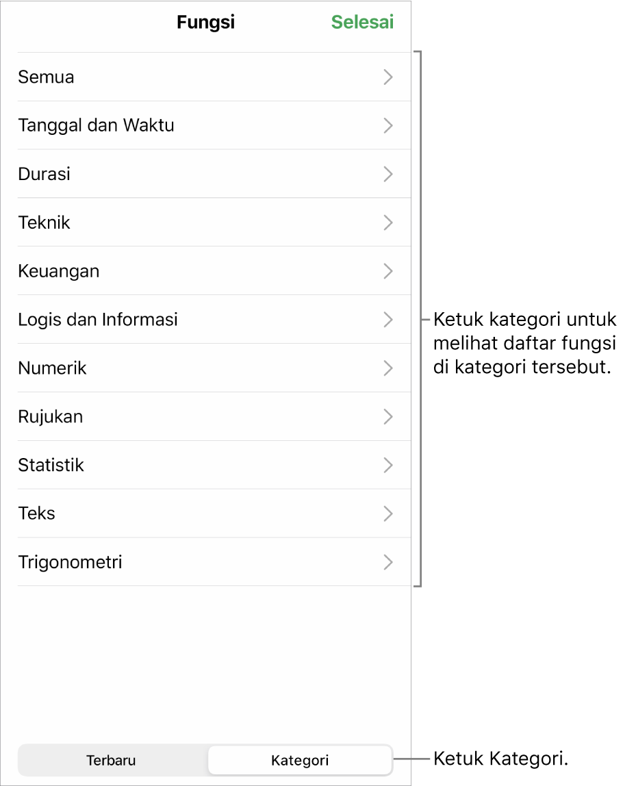 Browser Fungsi dengan keterangan untuk tombol Kategori dan daftar kategori.