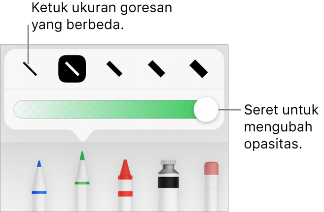 Kontrol untuk memilih ukuran coretan dan penggeser untuk menyesuaikan opasitas.