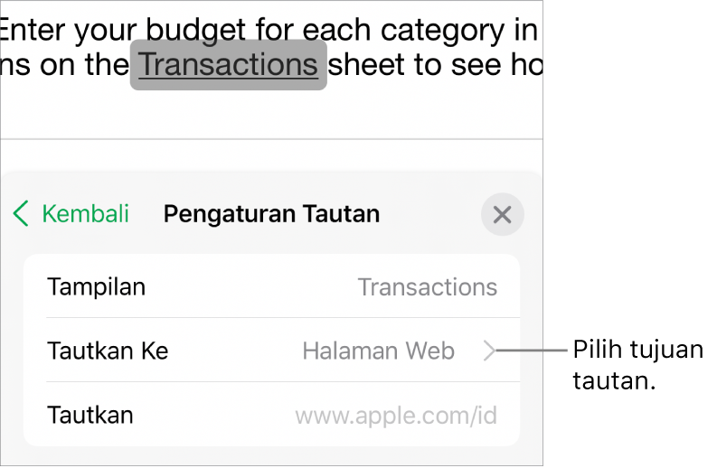 Kontrol Pengaturan Tautan dengan bidang untuk Tampilkan, Tautkan Ke (Halaman Web dipilih), dan Tautkan. Tombol Hapus Tautan di bagian bawah.