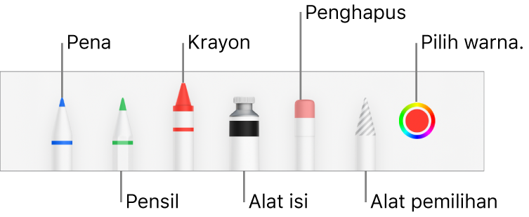 Bar alat gambar dengan alat pena, pensil, krayon, isi, penghapus, alat pemilihan, dan bidang warna yang menampilkan warna saat ini. Di bawah bidang warna terdapat tombol menu Lainnya.