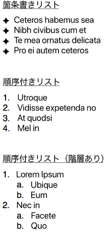 箇条書き、番号付き、番号付き階層リストの例。