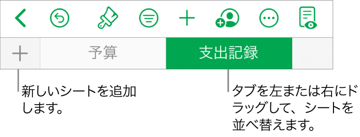 新しいシートの追加、シート内の移動、シートの並べ替えや再編成のためのタブバー。