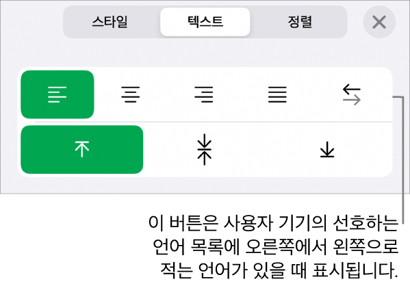 오른쪽에서 왼쪽으로 버튼에 설명이 있는 포맷 메뉴의 스타일 섹션.