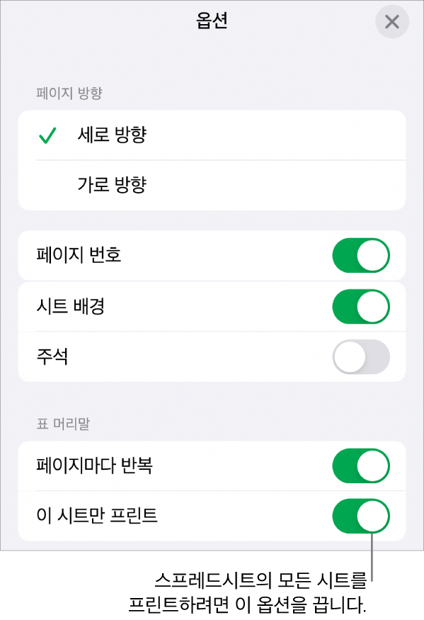 페이지 방향 선택, 페이지 번호 및 머리말 표시, 용지 크기 및 프린트할 페이지 선택에 대한 프린트 옵션.