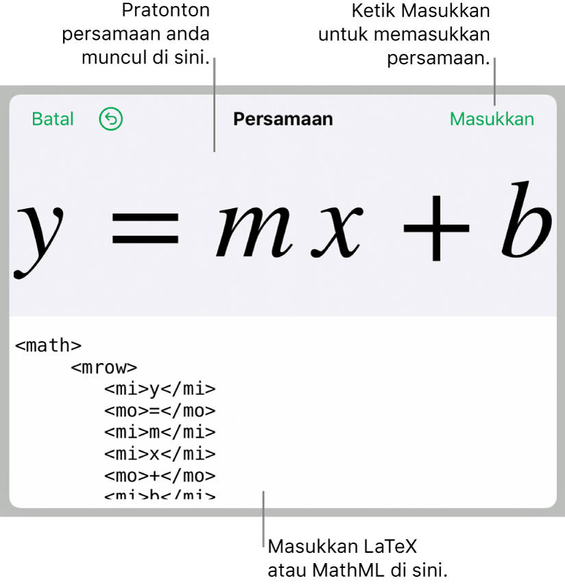 Kod MathML untuk cerun garis persamaan dan pratonton formula di bawah.