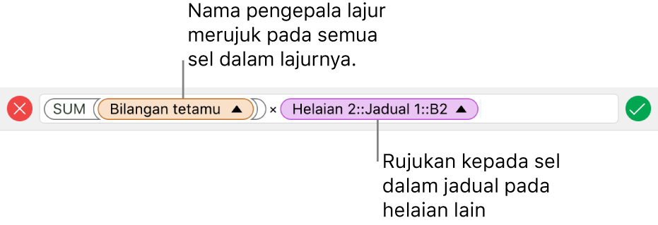 Editor Formula menunjukkan formula yang merujuk pada lajur dalam satu jadual dan sel dalam jadual lain.