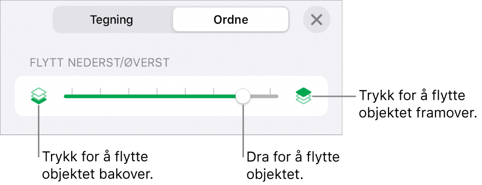 Flytt bakover-knappen, Flytt framover-knappen og skyveknappen for lagdeling.