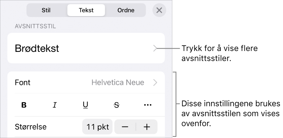 Format-menyen som viser tekstkontroller for å angi avsnitts- og tegnstiler, font, størrelse og farge.