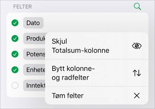 Flere feltvalg-menyen, med kontroller for å skjule totalsummer, bytte kolonne- og radfelter og tømme felter.