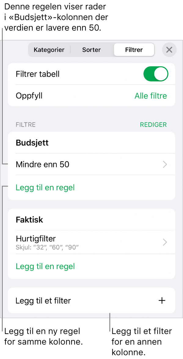 Kontroller for å legge til nye filtreringsregler eller redigere eksisterende regler.
