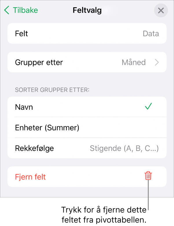 Feltvalg-menyen med kontroller for å gruppere og sortere data samt valget for å fjerne et felt.