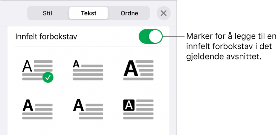 Innfelt forbokstav-kontrollene nederst i Tekst-menyen.