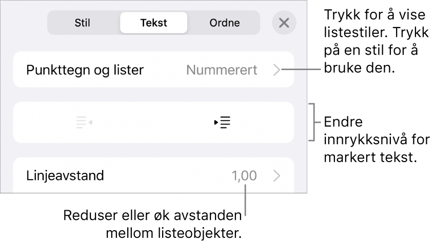 Punkttegn og lister-delen i Format-kontroller med bildeforklaringer for Punkttegn og lister, utrykk- og innrykk-knapper og linjeavstandskontroller.