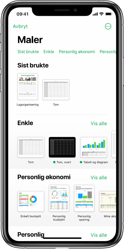 Malvelgeren med en rad med kategorier langs toppen som du kan trykke på for å filtrere alternativene. Nedenfor vises miniatyrbilder av forhåndsdesignede maler arrangert i rader etter kategori, med Sist brukte øverst, etterfulgt av Enkel og Personlig økonomi. En Vis alle-knapp vises over og til høyre for hver kategorirad. Språk og region-knappen er øverst til høyre.