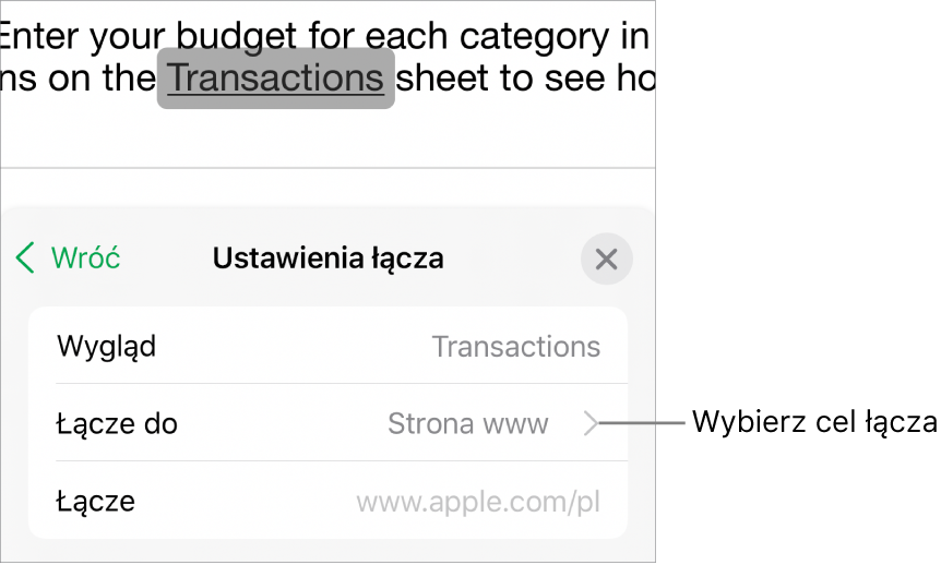 Narzędzia Ustawienia łącza, zawierające następujące pola: Wygląd, Łącze do (wybrana jest pozycja Witryna) oraz Łącze. Na dole widoczny jest przycisk Usuń łącze.