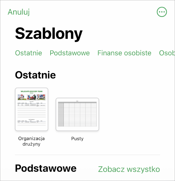 Paleta szablonów z widocznym na górze wierszem kategorii, w które możesz stuknąć, aby filtrować dostępne szablony. Poniżej widoczne są miniaturki gotowych szablonów uporządkowane wierszami według kategorii, zaczynając od widocznej na górze kategorii Ostatnie, po której następuje kategoria Podstawowe. Po prawej stronie nad każdym wierszem kategorii widoczny jest przycisk Zobacz wszystkie. W prawym górnym rogu widoczny jest przycisk Język i region.