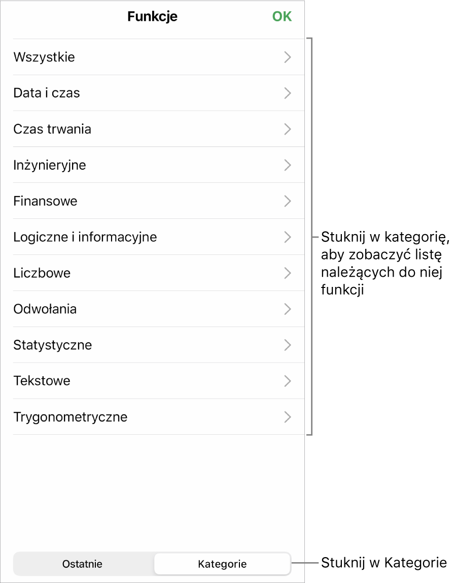 Przeglądarka funkcji z objaśnieniem wskazującym przycisk Kategorie oraz listą kategorii.