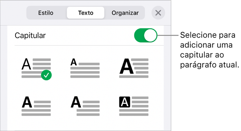 Controles Capitular localizados na parte inferior do menu Texto.