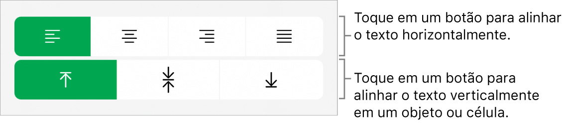 Botões de alinhamento horizontal e vertical de texto.