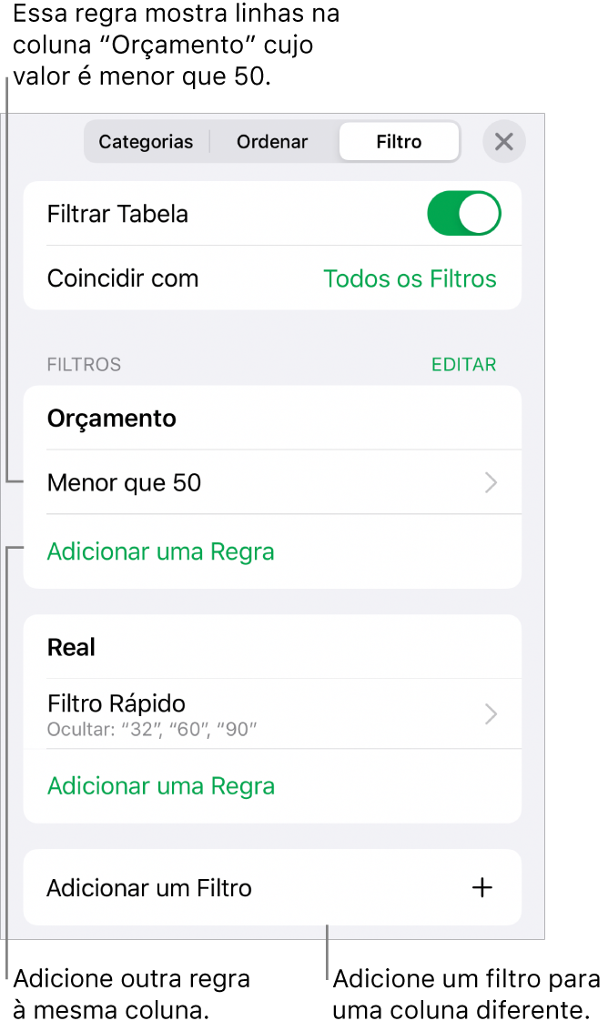 Controles para adicionar novas regras de filtragem ou editar as existentes.
