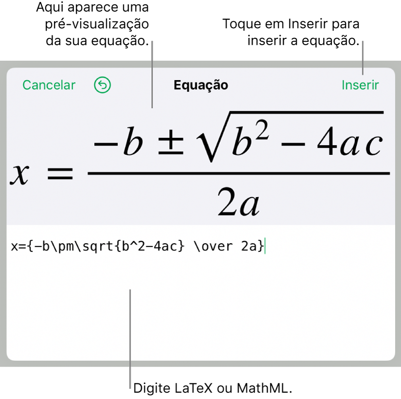 A fórmula quadrática escrita com LaTeX no campo Equação e uma pré-visualização da fórmula abaixo.