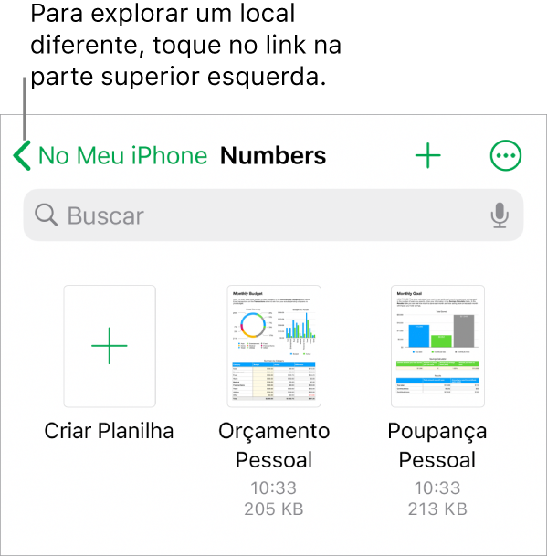 A visualização de navegação do gerenciador de planilhas com um link de local no canto superior esquerdo e abaixo um campo de Busca. Uma linha abaixo de Buscar estão um botão para adicionar uma pasta, um menu local para buscar por nome de pasta, data, tamanho ou etiquetas e um botão para alternar entre as visualizações de ícones e de lista. Abaixo destes está o botão Criar Planilha, perto das miniaturas das planilhas existentes. Na parte inferior da tela estão o botão Recentes e o botão Explorar.