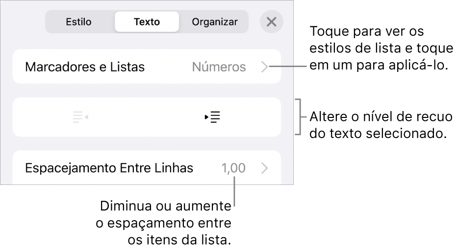 Seção “Marcadores e Listas” dos controles de Formatação, com chamadas para “Marcadores e Listas”, botões para aumentar ou diminuir o recuo e controles de entrelinha.