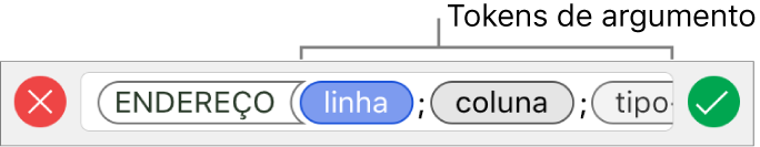 Editor de Fórmulas mostrando uma função com tokens de argumento.