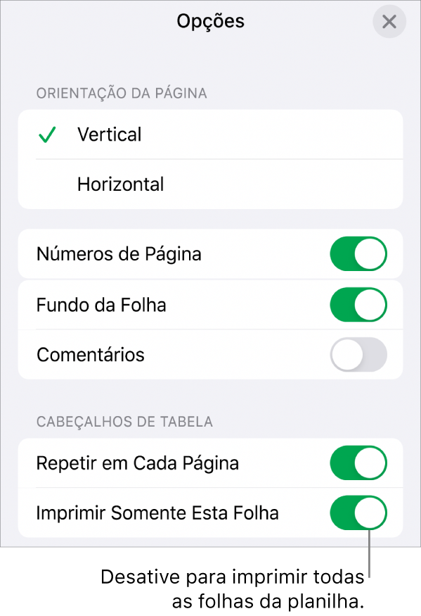 Opções de impressão para escolher a orientação da página, mostrar números e cabeçalhos de páginas, e escolher o tamanho do papel e quais páginas imprimir.