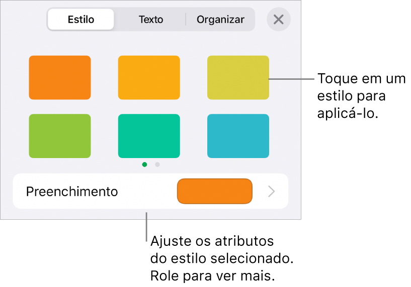 Aba Estilo do menu Formatar, com estilos de formas na parte superior e um quadro de cores de preenchimento abaixo.