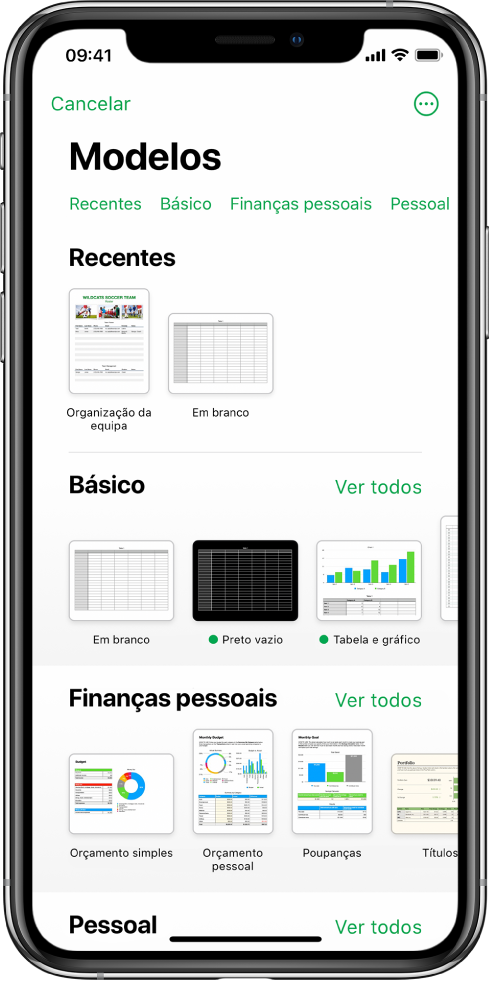 A lista de modelos com uma linha de categorias visível na parte superior, na qual é possível tocar para filtrar as opções. Por baixo estão visíveis miniaturas de modelos preconcebidos organizados em linhas por categoria, que começam por Recentes na parte superior e Básico e “Finanças pessoais” posteriormente. Surge um botão “Ver tudo” por cima e à direita de cada linha da categoria. O botão “Idioma e região” no canto superior direito.