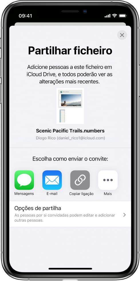 O ecrã “Adicionar pessoas” a mostrar uma imagem da folha de cálculo a ser partilhada. Por baixo encontram botões para formas de enviar o convite, incluindo Mensagens e Mail, “Copiar hiperligação” e Mais. Na parte inferior encontra-se o botão “Opções de partilha”.