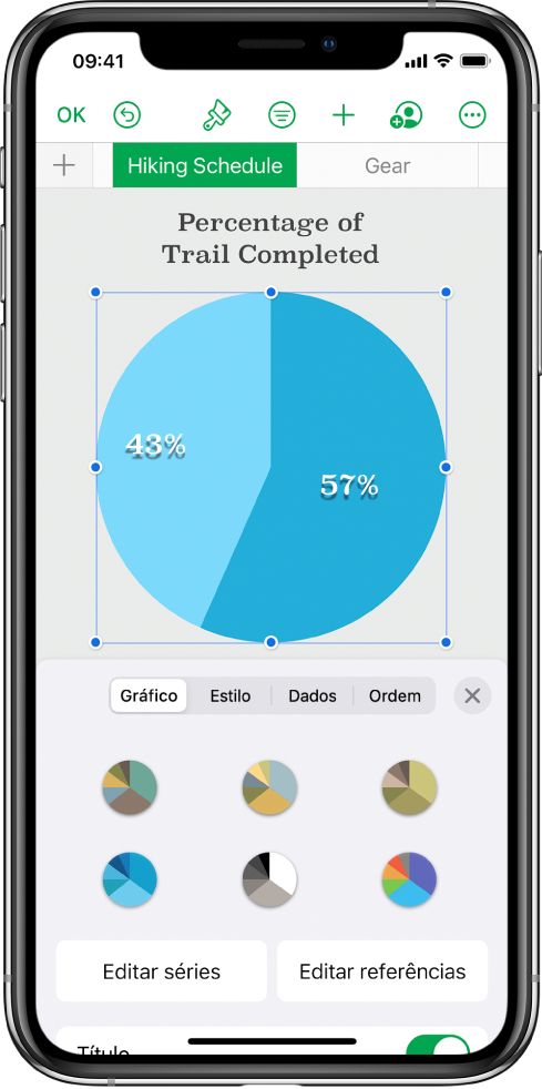 Um gráfico circular com percentagens dos trilhos concluídos. O menu Formatação também está aberto, mostrando diferentes estilos de gráfico à escolha, assim como opções para editar as séries ou as referências do gráfico, e ativar ou desativar o título do gráfico.