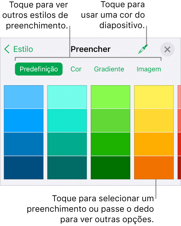 Opções de preenchimento no separador Estilo do botão Formatação.