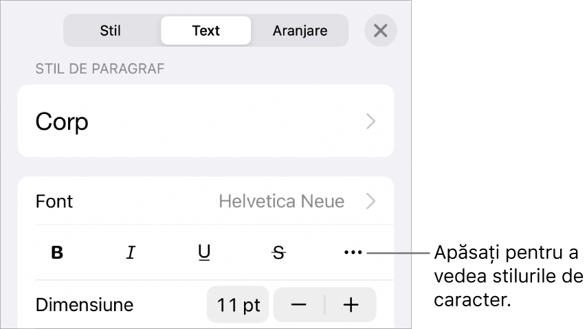Comenzile Format cu stilurile de paragraf în partea de sus, apoi comenzile Font. Sub Font se află butoanele Aldin, Cursiv, Subliniat, Tăiat cu o linie și Alte opțiuni de text.