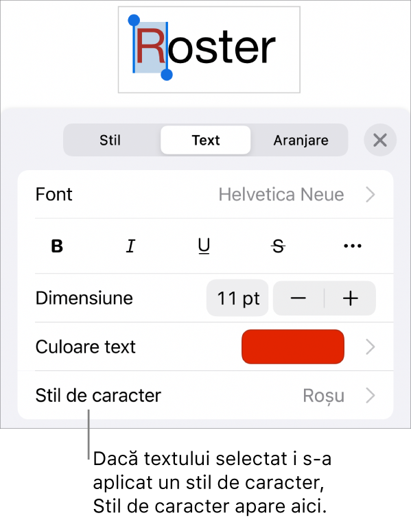 Comenzile de formatare Text cu Stil de caracter sub comenzile Culoare. Stilul de caracter Nimic apare cu un asterisc.