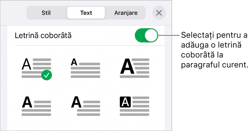 Comenzile Letrină coborâtă situate în partea de jos a meniului Text.