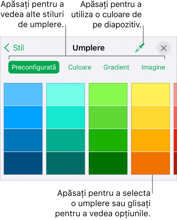 Comenzi de umplere din fila Stil a barei laterale Format.