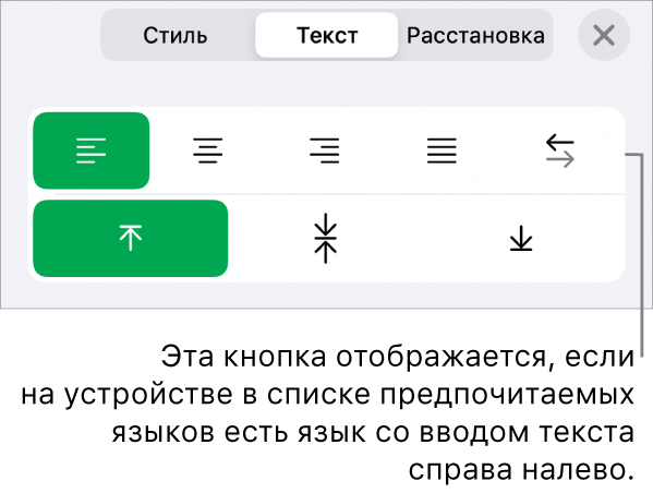 Раздел «Стиль» в меню «Формат». Выноска указывает на кнопку «Справа налево».