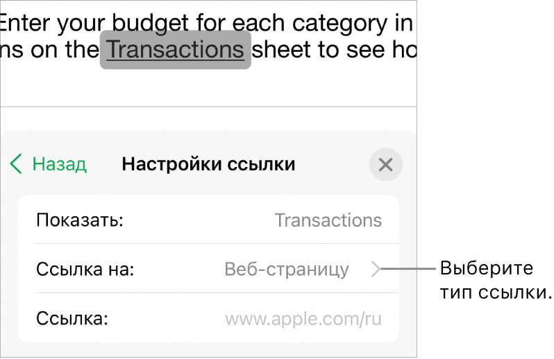 Элементы управления «Настройки ссылки» с полями «Показывать», «Ссылка на» (выбран вариант «Веб-страницу») и «Ссылка». Внизу находится кнопка «Удалить ссылку».