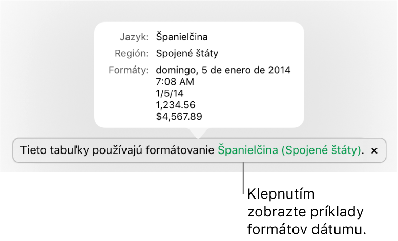 Hlásenie o inom jazyku a nastavení regiónu zobrazujúce príklady formátovania v danom jazyku a regióne.