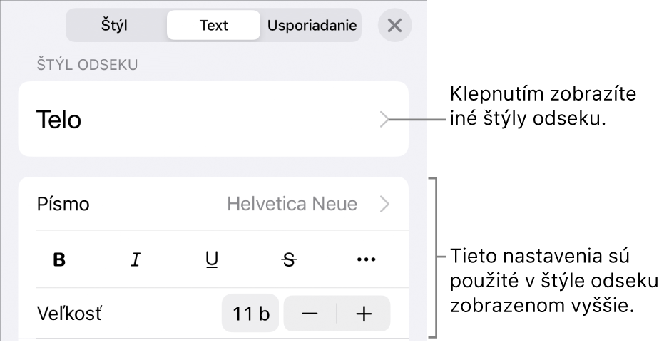 Menu Formát zobrazujúce ovládacie prvky pre nastavenie štýlov odseku a znakov, písma, veľkosti a farby.